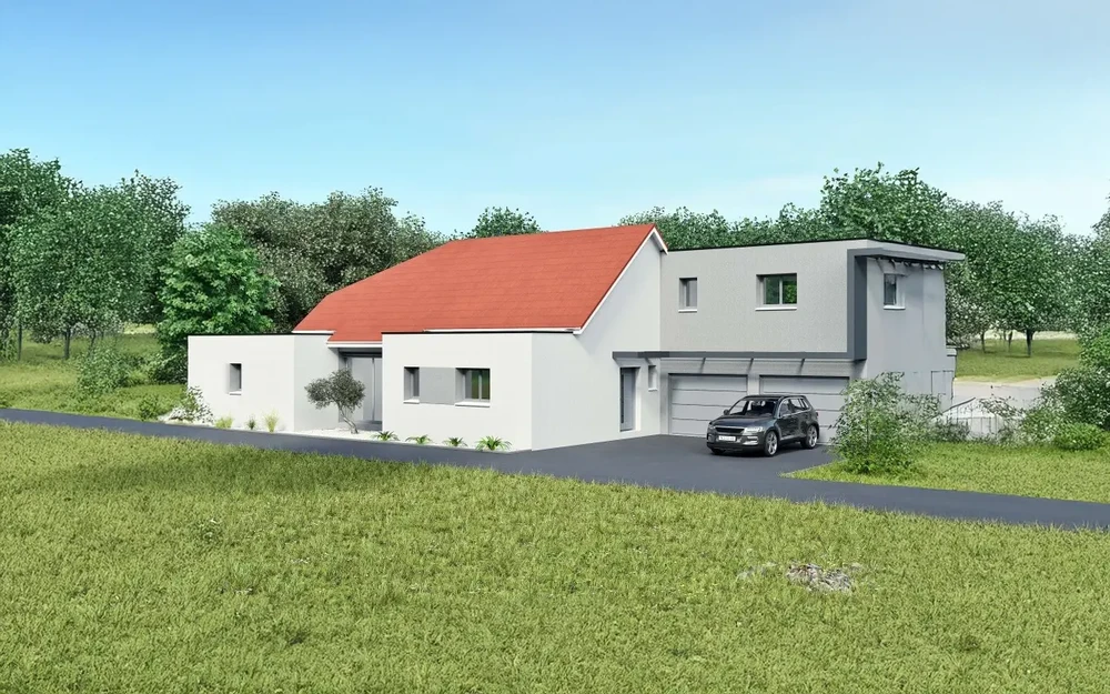 Maison contemporaine à étage avec toiture rouge en tuiles, façade blanche enduite, garage intégré et voiture noire stationnée