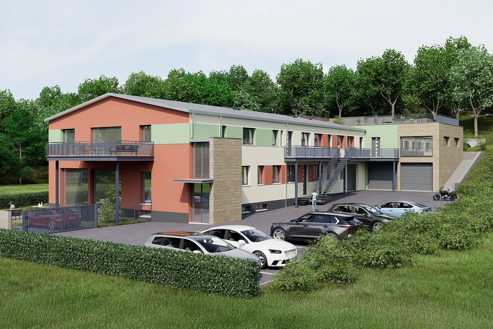 Scène extérieure d'un complexe résidentiel moderne avec parking, voitures de luxe garées, végétation paysagée et personnage près de l'entrée