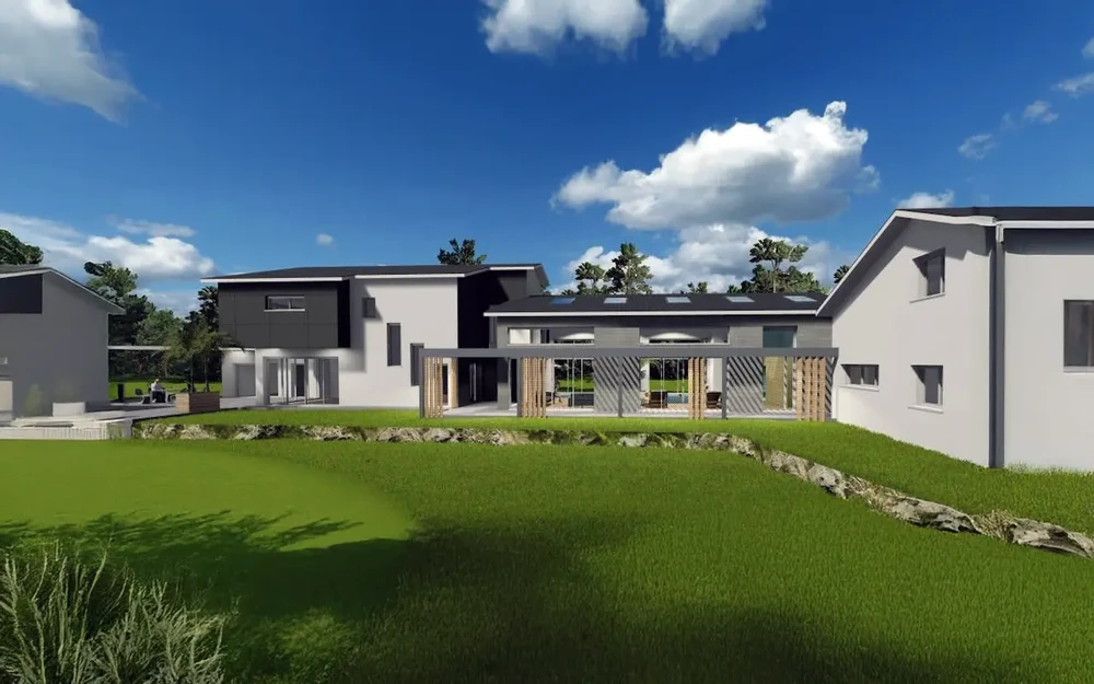 Maison contemporaine moderne avec façade bicolore blanc et anthracite, toiture plate, baies vitrées panoramiques et brise-soleil en bois