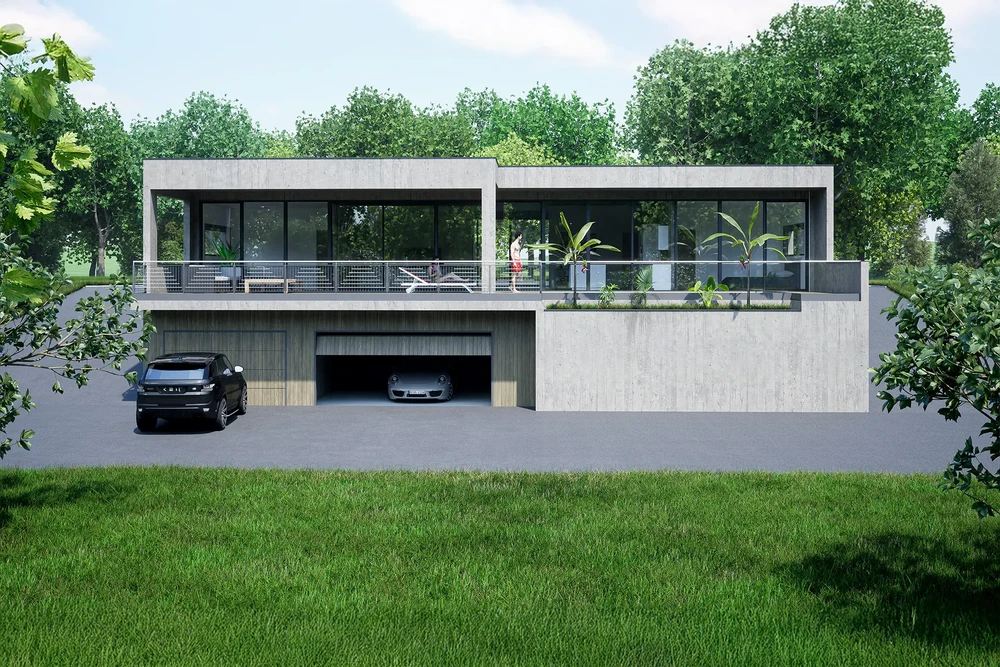 Maison contemporaine à étages avec garage intégré, située dans environnement verdoyant