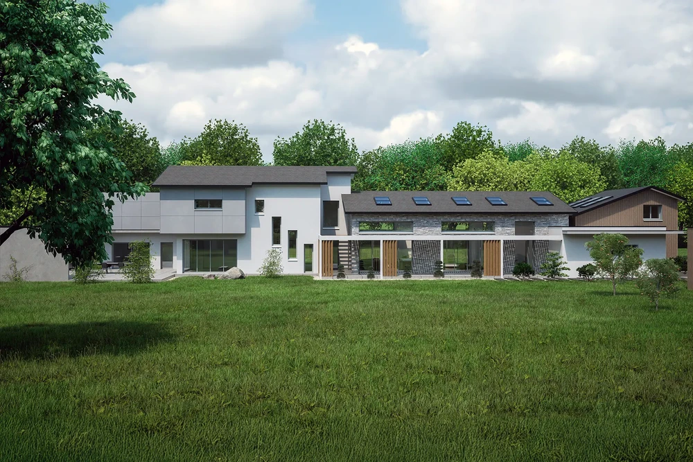 Maison contemporaine moderne avec façade blanche et éléments en bois, située dans un environnement verdoyant