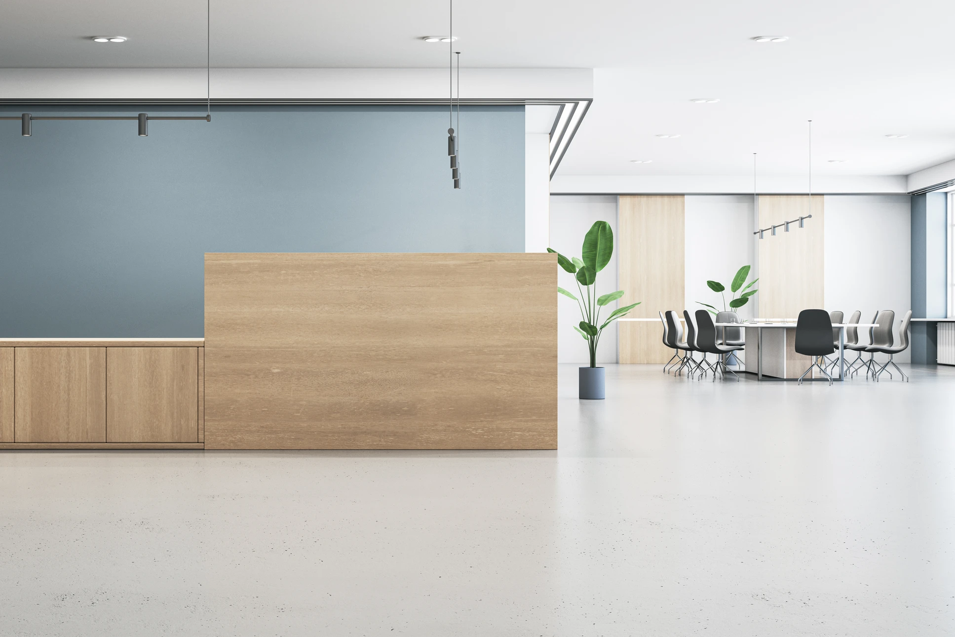 Espace de réception moderne avec comptoir d'accueil blanc minimaliste dans un hall d'entrée contemporain